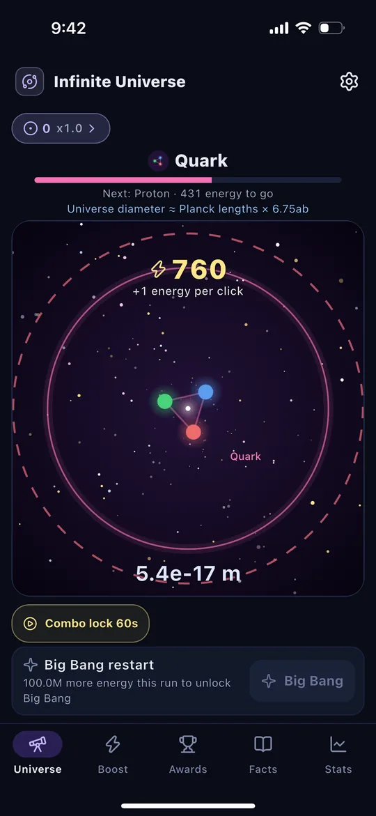 Universe screen: tapping grows the universe through the solar system stage