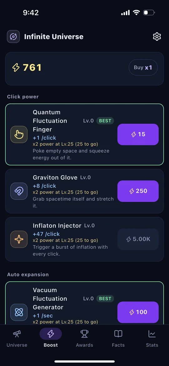 Upgrade screen with tap upgrades and auto-expansion engines